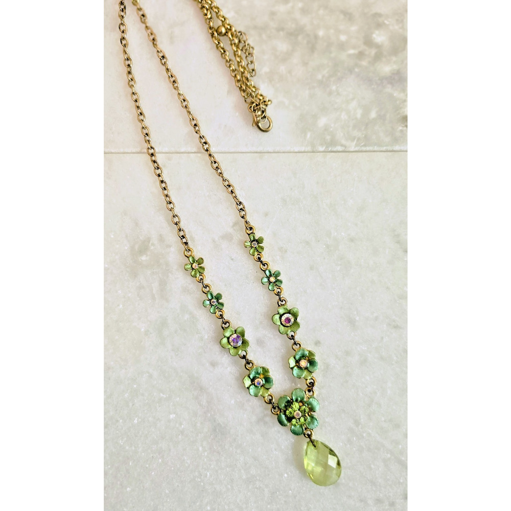 Vintage Necklace Green Flower Enamel Crystals Boho